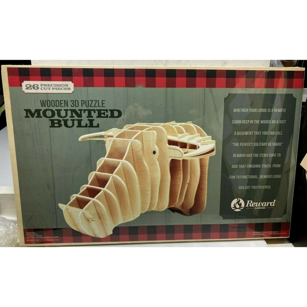 Wooden 3D Puzzle Mounted Bull Reward Lodge 26 Precision Cut Natural Wood Pcs NEW
